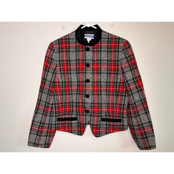 1980s Pendleton Red Green Christmas Tartan Wool Velvet Twee Coquette Blazer L - Picture 1 of 4
